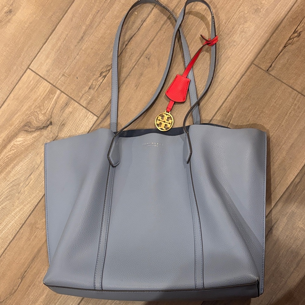 Tory Burch Light Blue Leather Tote with Red Charm and Gold Logo